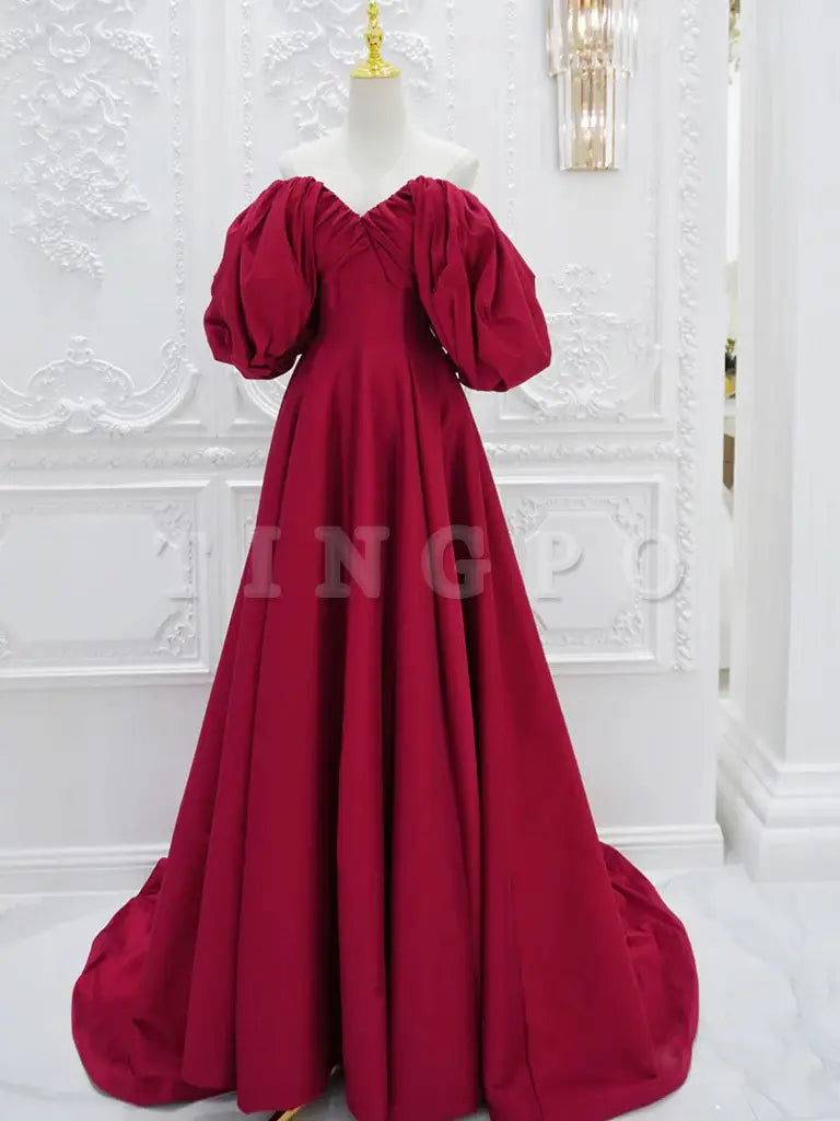 Wholesale Red V Neck Satin Long Prom Dress Red Puff Sleeves Satin Long Formal Dress gowns evening dresses